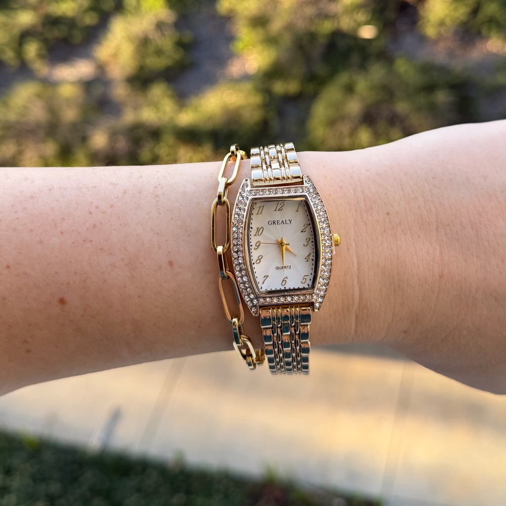 Luxury Gold Panther-Style Watch | Crystal Bezel Rectangular Face - Picture 6 of 7